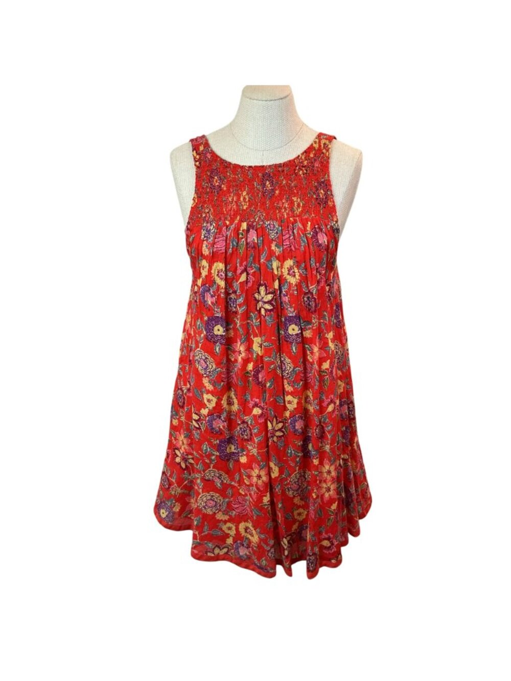Free People Floral Red Sleeveless Boho Swing Dress XS 100% Cotton Smocked Front - Picture 2 of 11